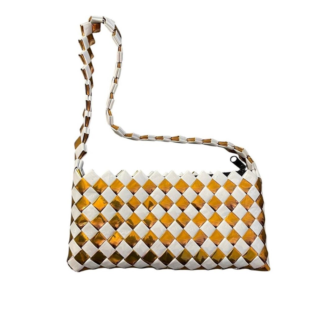 Vintage Y2K Gold & White Woven Candy Wrapper Shoulder Bag โจ Handmade Retro
